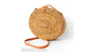 Bali circle oval rattan handbags motif star oval design leather handle 